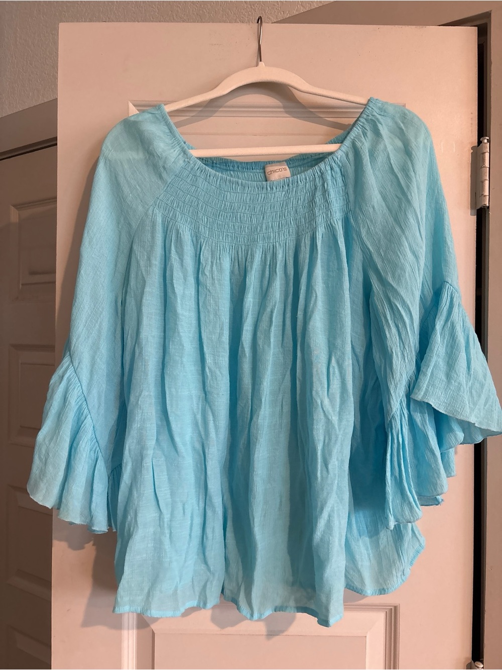 Chico's Aqua Blue Smocked Peasant Blouse